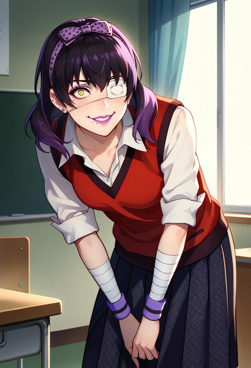 score_9, score_8_up, score_7_up, source_anime, solo, 1girl, ikishima midari, lipstick, purple lips, smile, looking at viewer, standing, leaning forward,  hair bow, hairband, medical eyepatch, school uniform, white shirt, sleeves rolled up, red vest, sweater vest, black skirt, piercing, bandages, bandaged arm, wristband, indoors <lora:kakegurui_ikishima_ponyXL:1>