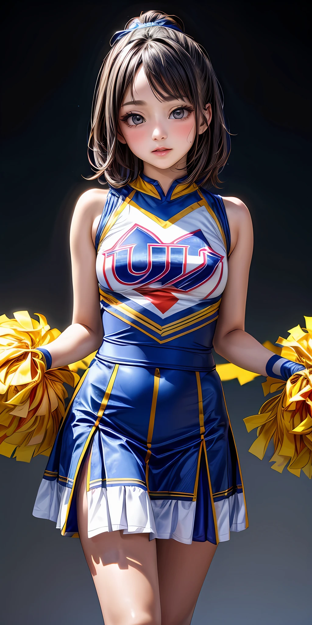 (masterpiece,ultra-detailed,best quality,8K,CG,illustration,shaved:1.0),(1girl:1.0) <lora:more_details:1>, simple background, <lora:jyoji fuku v13.3:0.5> jyojifuku, cheerleader, pom pom \(cheerleading\), skirt