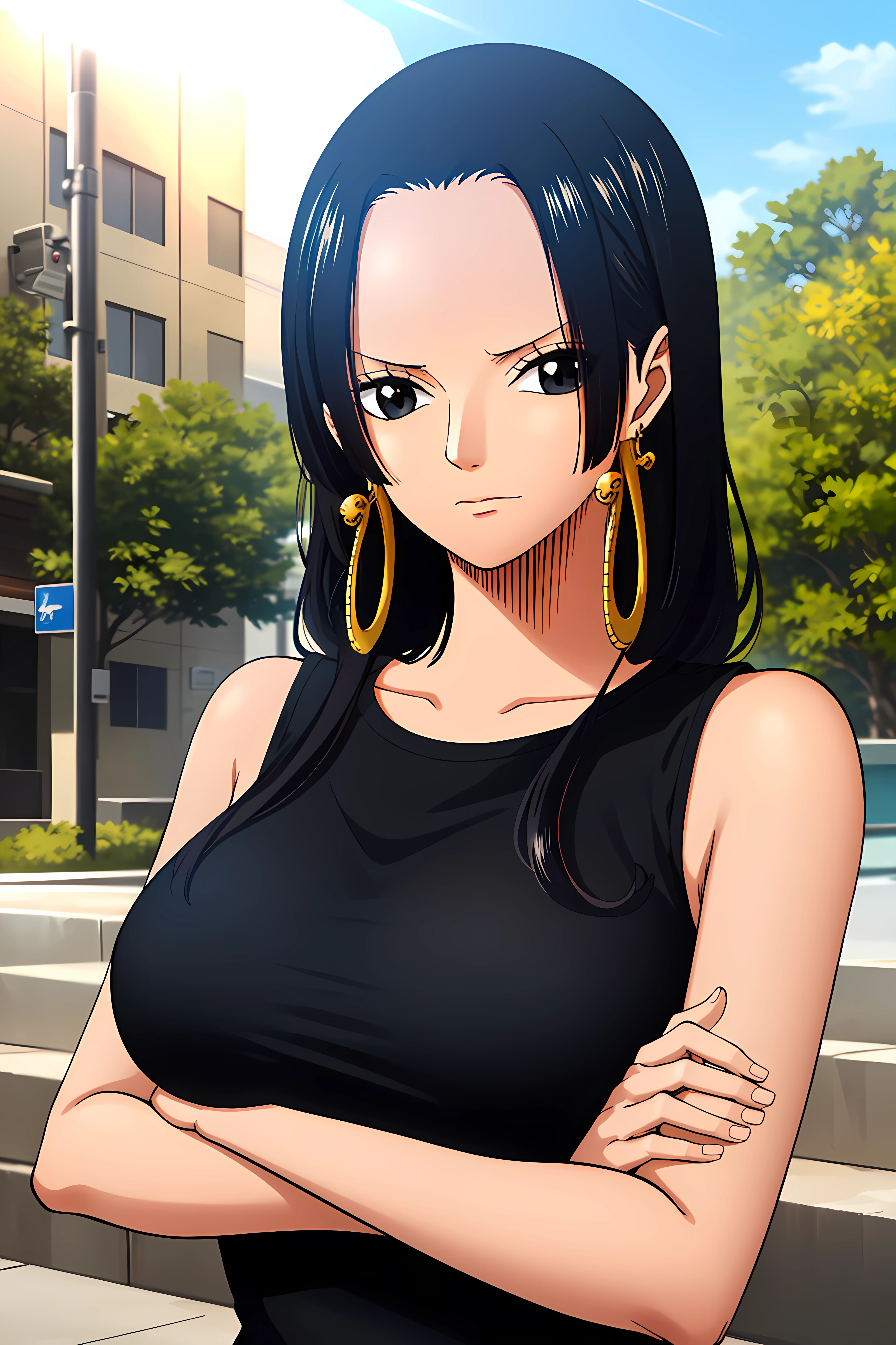 <lora:hebihime-09:0.9>, hebihime, large breasts, earrings, looking at viewer, upper body, arms crossed, (black plain t-shirt:1.1), sleeveless, looking at viewer, sunshine, outdoors, closed mouth, upper body, arms crossed, black t-shirt, sleeveless, looking at viewer, sunshine, outdoors