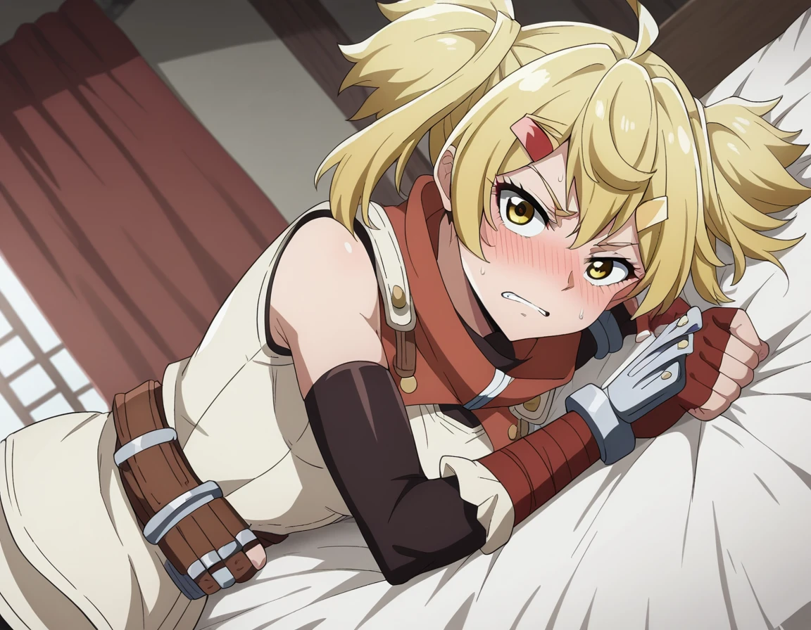 score_9, score_8_up, score_7_up, source_anime,
oikatzo, <lora:oikatzo-s1-ponyxl-lora-nochekaiser:1>,
oikatzo, blonde hair, hair ornament, twintails, yellow eyes, hairclip, short twintails,
gloves, belt, fingerless gloves, red gloves,
indoors, bed, bed room, on side, blush, drunk,
looking at viewer, dutch angle, cowboy shot,