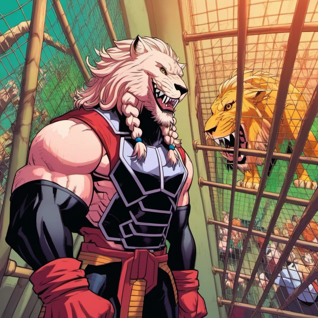 anime artwork a lyon man looking at lyons caged in a zoo <lora:BattleBeast1024:0.8> . anime style, key visual, vibrant, studio anime,  highly detailed