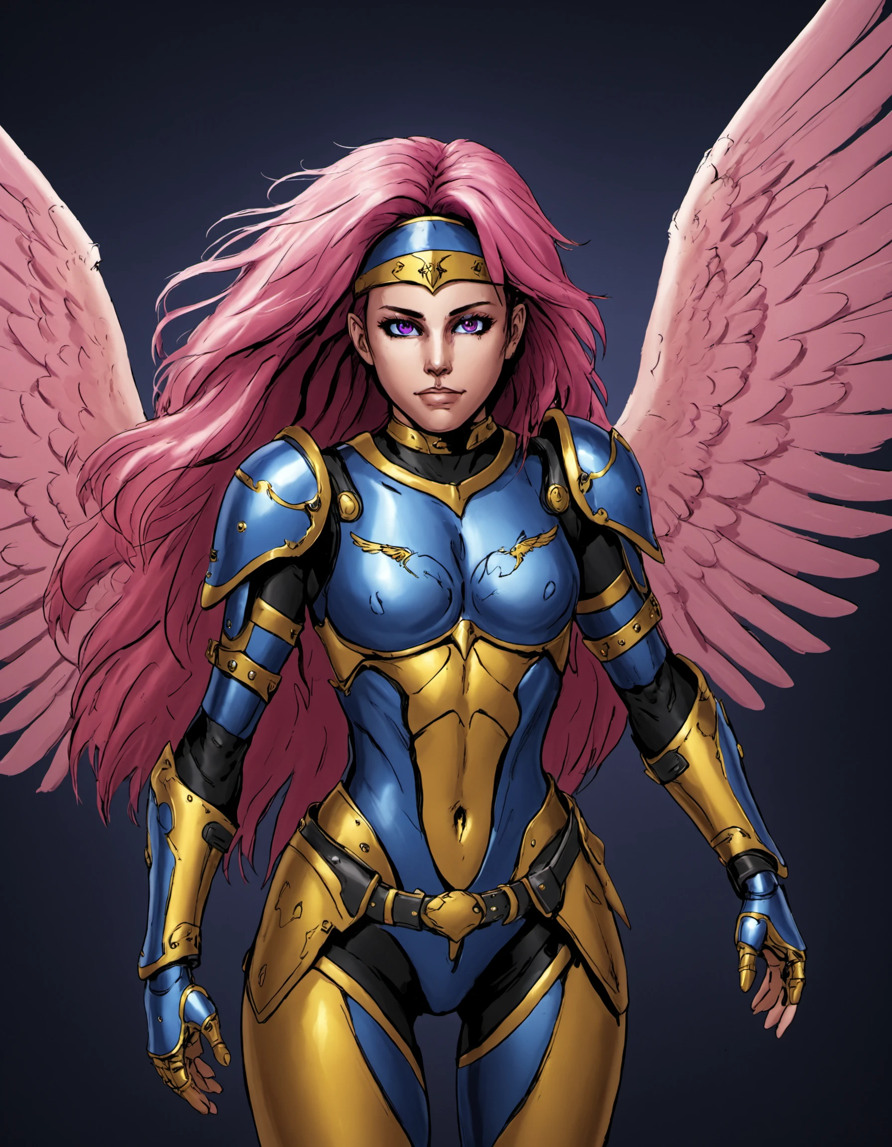 dskflatz ,  1girl, solo, wings, hairband, pink hair, bodysuit, belt, long hair, armor, purple eyes, belt, two tone bodysuit, yellow bodysuit, blue bodysuit, masterpiece, official art, best quality, cinematic angle, dreamlike, <lora:DskArt_SDXL_V3:1>