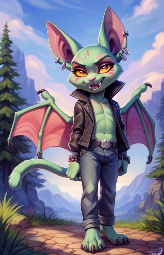 CatBatCrashTeamRumbleRoc  <lora:CatBatCrashTeamRumbleRoc:0.9>  jacket , yellow sclera, green skin, wings, white fangs,, pants, piercings, chibi,
textured fur, [Forest, path, trees, sky clouds, mountains,] solo,  looking at viewer, to his full height,  boy male,  wristband on the tail,
by Ulitochka, by Levelviolet, by Castitas, by Personalami