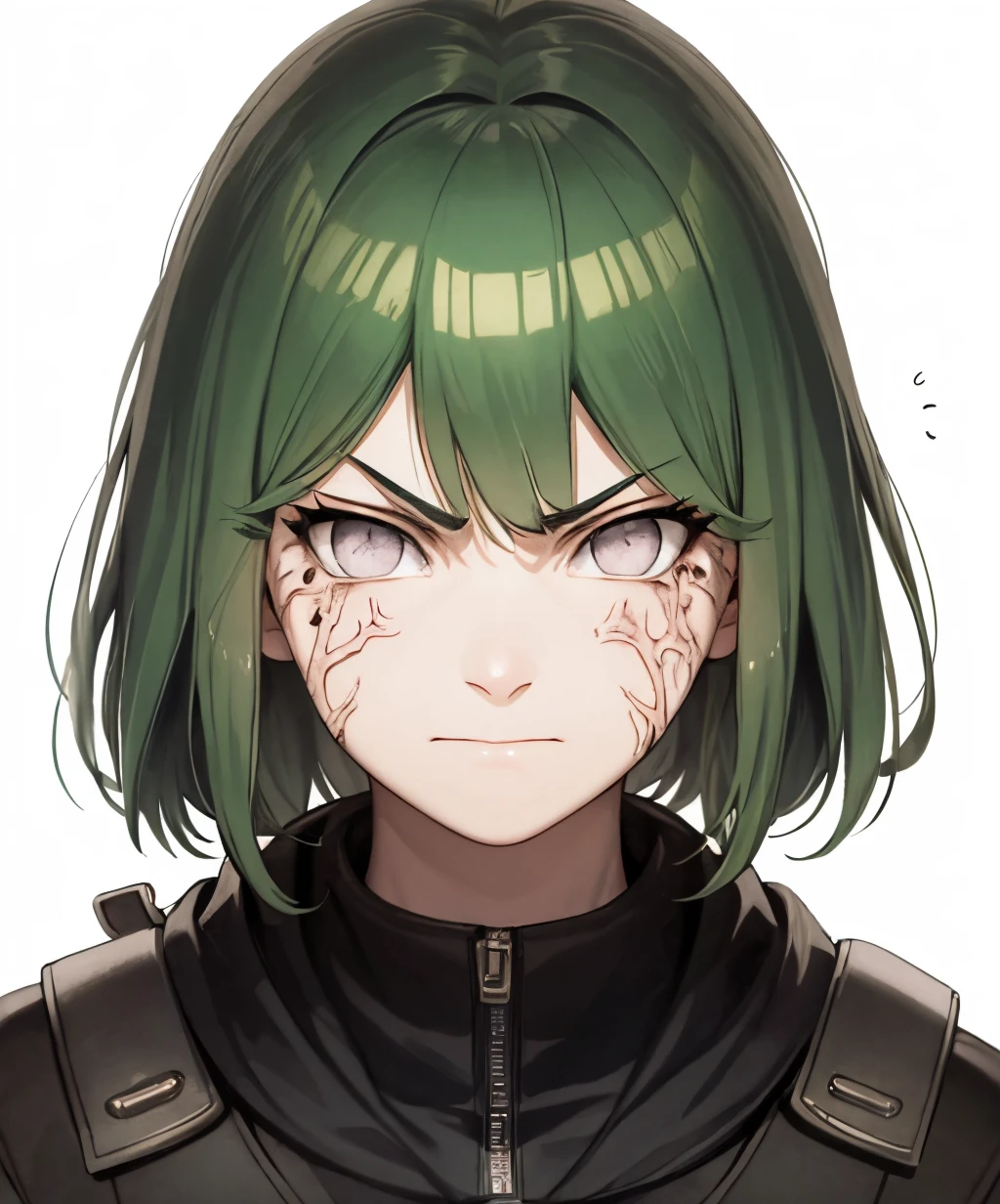 veins,white eyes,anger vein,1girl,solo,green hair,looking at viewer,closed mouth,upper body,smile,frown,facial mark,serious,<lora:byakugan-05:1>,