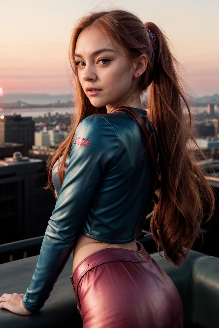 tv_Catherine_MXAI, , , wearing a supergirl costume, standing on a rooftop, windblown hair, sunset in the background,, 8k resolution, highres, high detail, sharp focus, detailed skin, 8k uhd,