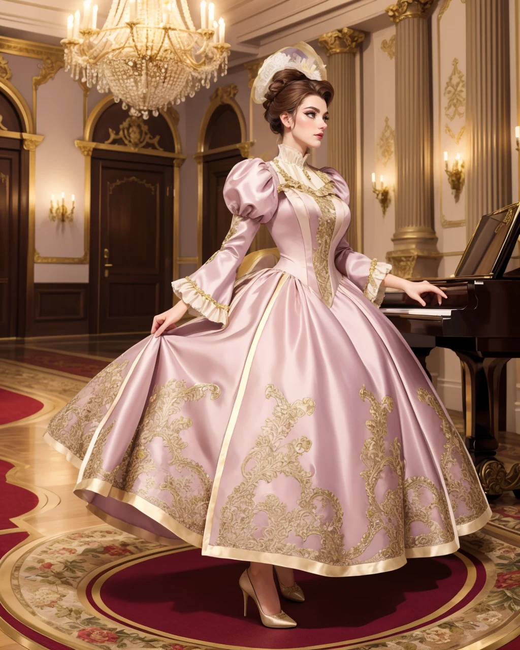 Fairy tale adult beautiful woman, solo, <lora:Outfit_soph-SurcoatAppliqueGowns:0.65>, best quality, high quality, high detail, 8k, highres, full body, dr3ss, (surcoat lapel) victorian fashion,  juliet sleeves, vibrant color,  (peridot) intricate ballgown, satin, floral applique print, unique exotic headpiece, high heels,  Opulent Viennese Ballroom with soft chandeliers casting a warm glow over a room adorned with crystal and silk, evoking the grandeur of a bygone era. standing, grand hall,, profile, eyeliner, eyeshadow, makeup, black lips [honey hair] (pompadour:1.2), [bold hairpins], Grand pink sapphire jewelry by Van Cleef & Arpels . Magical, fantastical, enchanting, storybook style, highly detailed