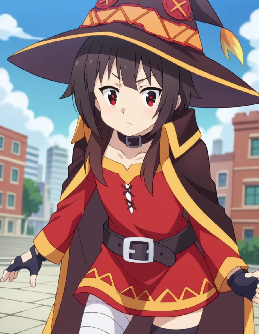 score_9, score_8_up, score_7_up, source_anime,
konosubamegumin, <lora:konosuba-megumin-s2-ponyxl-lora-nochekaiser:1>,
megumin, short hair, black hair, red eyes, short hair with long locks,
thighhighs, gloves, hat, dress, black gloves, belt, black thighhighs, fingerless gloves, cape, collar, witch hat, bandages, red dress, single thighhigh, asymmetrical legwear, bandaged leg,
outdoors, cityscape, bent over,
looking at viewer, dutch angle, cowboy shot,