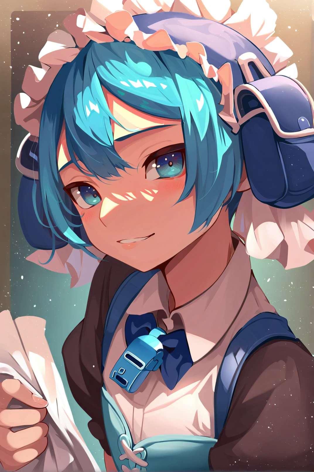 1boy, Maruruk, blue hair, pouch hat, otoko no ko, whistle, maid headdress, solo, detailed background <lora:Marulk _Made in Abyss-000009:0.8>, score_9, score_8_up, score_7_up,, zPDXL