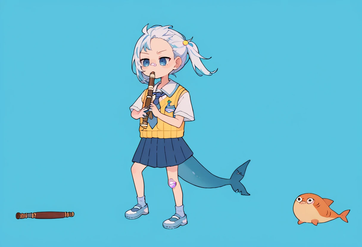 score_9, score_8_up, score_7_up, source_anime, simple background, blue background, solo, 1girl, gura_school, kyoufuuallback, full body, holding flute, blue skirt, collared shirt, necktie, yellow vest, bandaid, shark tail, blue nails <lora:concept_kyoufuuallback_ponyXL:1> <lora:guraXL:1>