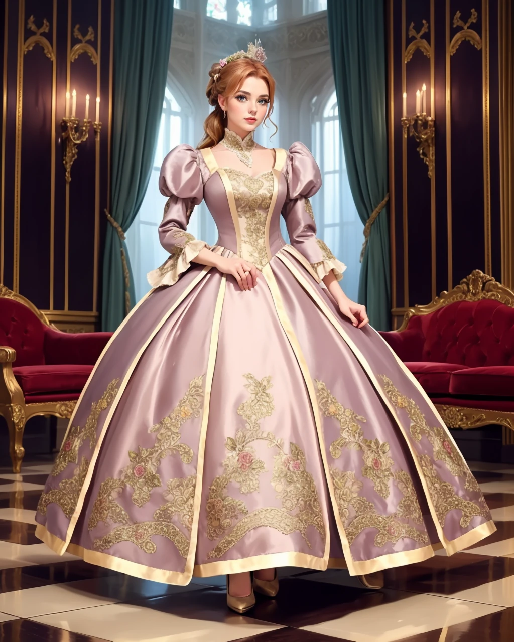 Fairy tale adult beautiful woman, solo, <lora:Outfit_soph-SurcoatAppliqueGowns:0.65>, best quality, high quality, high detail, 8k, highres, full body, dr3ss, (surcoat lapel) ((crushed velvet)) victorian fashion,  juliet sleeves, vibrant color,  (ruby) intricate pleated ballgown, floral applique print, unique exotic headpiece, high heels,  Renaissance-Era Art Gallery with soft, ambient spotlights highlighting exquisite paintings and sculptures, setting the stage for a cultural and romantic rendezvous. hand on hip, , eyeliner, eyeshadow, makeup, (rouge) (ginger hair) (Dutch braid updo:1.2), [hand-painted hair sticks], Grand kunzite jewelry by Harry Winston . Magical, fantastical, enchanting, storybook style, highly detailed