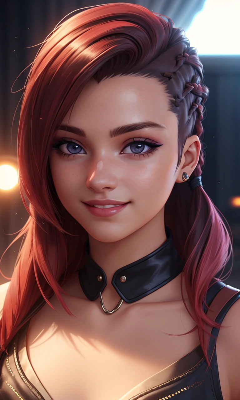 brundercut2024, 1girl, photorealistic, best quality, masterpiece,depth of field, smile, uhd, 8k, detailed eyes, cinematic lighting, undercut, anime style, vibrant colors