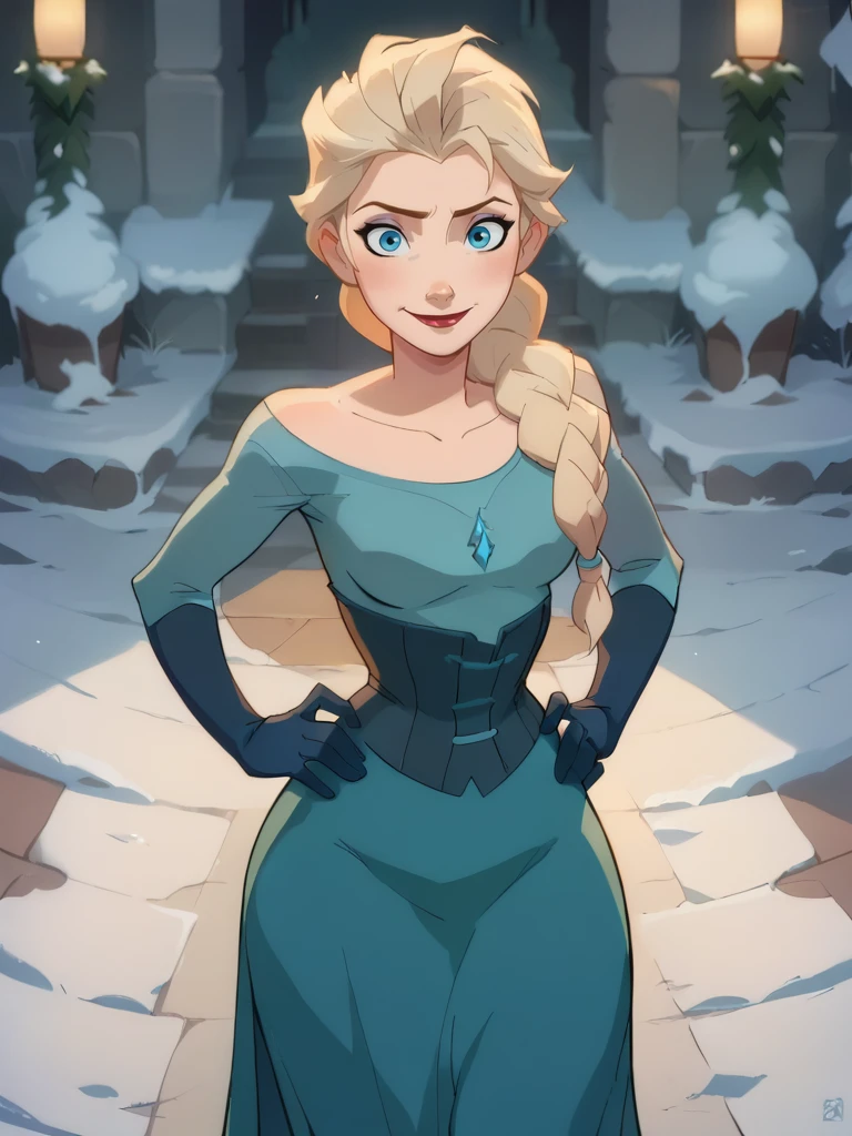 score_9, score_8_up, score_7_up, score_6_up, ElsaXPL hands on hips, winter, corset, gloves, long skirt, tunic, single braid over shoulder, curvy, medium breasts, narrow waist, wide hips, thick thighs, looking at viewer, dynamic angle, cowboy shot, cartoon, dynamic pose, light smile, cute pose, disney,blizzard, from above,
<lora:ElsaXLP_Character-10:1> <lora:VoxMachinaPony200:0.8>