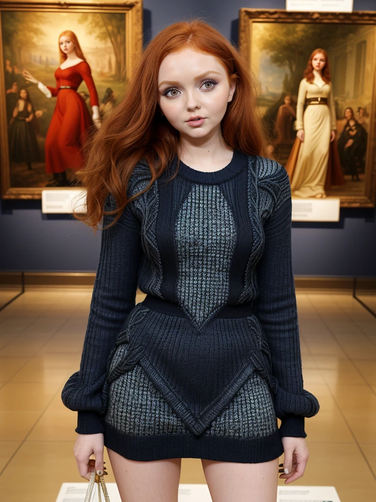 lilyCole01 wearing a full cableknit sweater dress in a beautiful museum