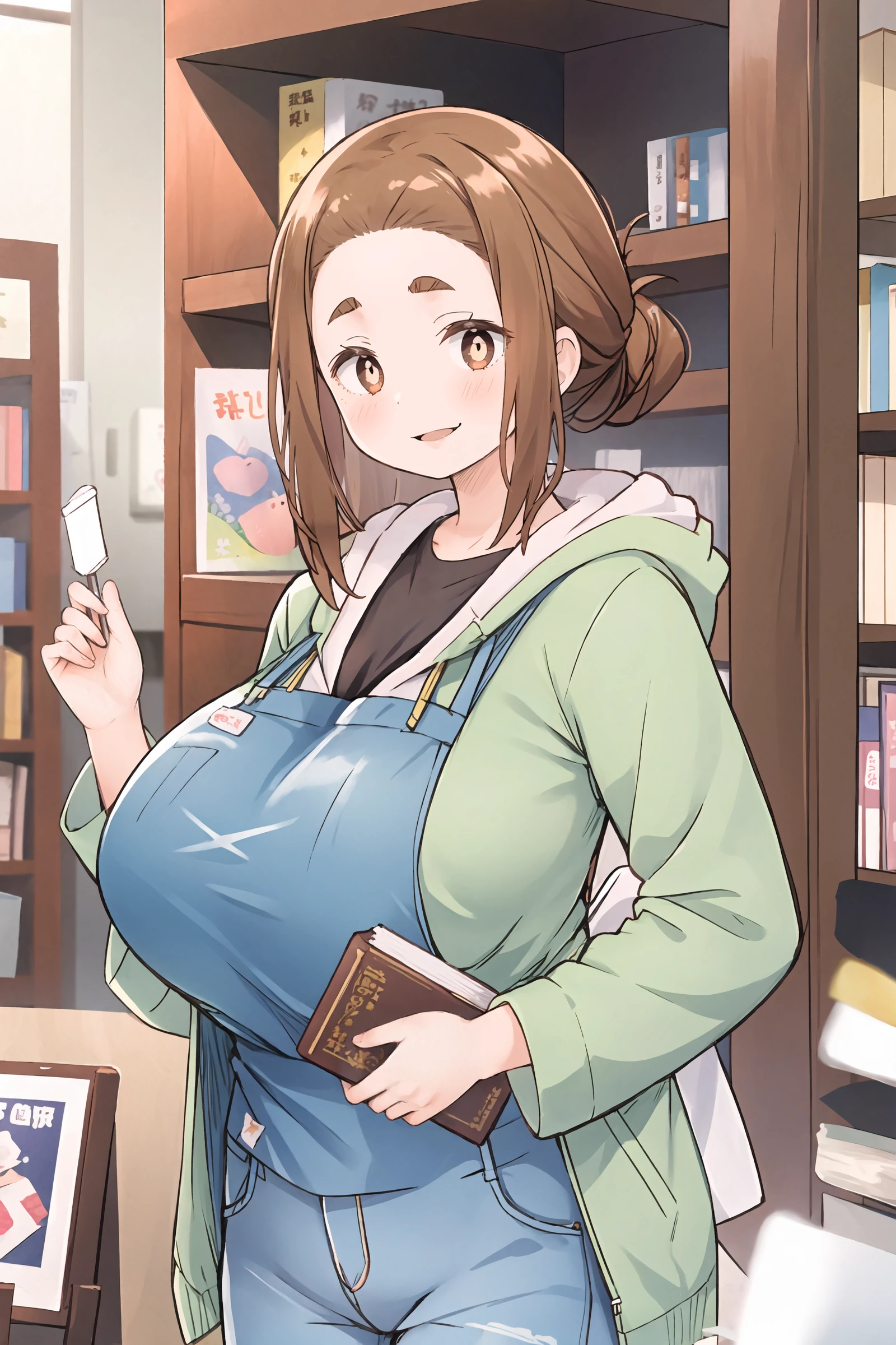 1girl, ogawa sumireko, white pupils, solo, hair up, black shirt, denim, jeans, apron, hood, green jacket, long sleeves, looking at viewer, light smile, holding book, standing, cowboy shot, bookstore, indoors, depth of field, <lora:Milf:0.5> huge breasts, milf, mature female