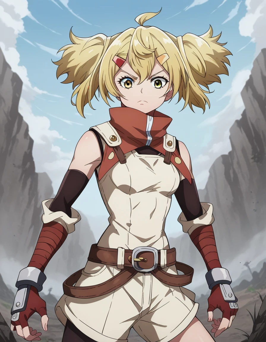 score_9, score_8_up, score_7_up, source_anime,
oikatzo, <lora:oikatzo-s1-ponyxl-lora-nochekaiser:1>,
oikatzo, blonde hair, hair ornament, twintails, yellow eyes, hairclip, short twintails,
gloves, belt, fingerless gloves, red gloves,
outdoors, wasteland,
looking at viewer, dutch angle, cowboy shot,