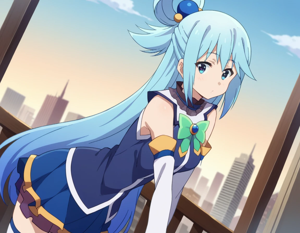 score_9, score_8_up, score_7_up, source_anime,
konosubaaqua, <lora:konosuba-aqua-s2-ponyxl-lora-nochekaiser:1>,
aqua \(konosuba\), long hair, blue eyes, hair ornament, very long hair, blue hair, hair rings, single hair ring, hair bobbles,
skirt, shirt, thighhighs, bare shoulders, detached sleeves, white thighhighs, blue skirt, blue shirt, green bow,
outdoors, cityscape, bent over,
looking at viewer, cowboy shot, dutch angle,