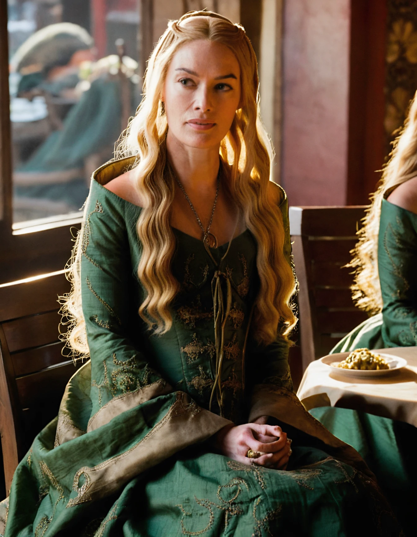 high resolution photo of crsi woman with long blonde hair,she is wearing green dress,full body shot,sitting in a restaurant