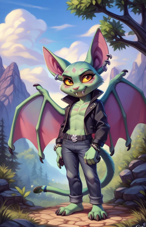 CatBatCrashTeamRumbleRoc  <lora:CatBatCrashTeamRumbleRoc:0.9>  jacket , yellow sclera, green skin, wings, white fangs,, pants, piercings, chibi,
textured fur, [Forest, path, trees, sky clouds, mountains,] solo,  looking at viewer, to his full height,  boy male,  wristband on the tail,
by Ulitochka, by Levelviolet, by Castitas, by Personalami