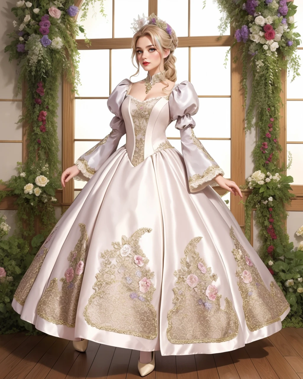 Fairy tale adult beautiful woman, solo, <lora:Outfit_soph-SurcoatAppliqueGowns:0.65>, best quality, high quality, high detail, 8k, highres, full body, dr3ss, (surcoat lapel) brocade silk victorian fashion,  juliet sleeves, vibrant color,  (pearl) intricate ballgown, floral applique print, unique exotic headpiece, high heels,  Bohemian Dreamcatcher Retreat, Macrame wall hangings, colorful textiles, and a low bed draped with ethereal fabrics, embracing a free-spirited and whimsical ambiance. walking, garden, , eyeliner, eyeshadow, makeup, glitter lips (white hair, white hair, multicolored hair) very long double braid, (silk flowers:1.3), Opulent spinel jewelry by Pandora . Magical, fantastical, enchanting, storybook style, highly detailed