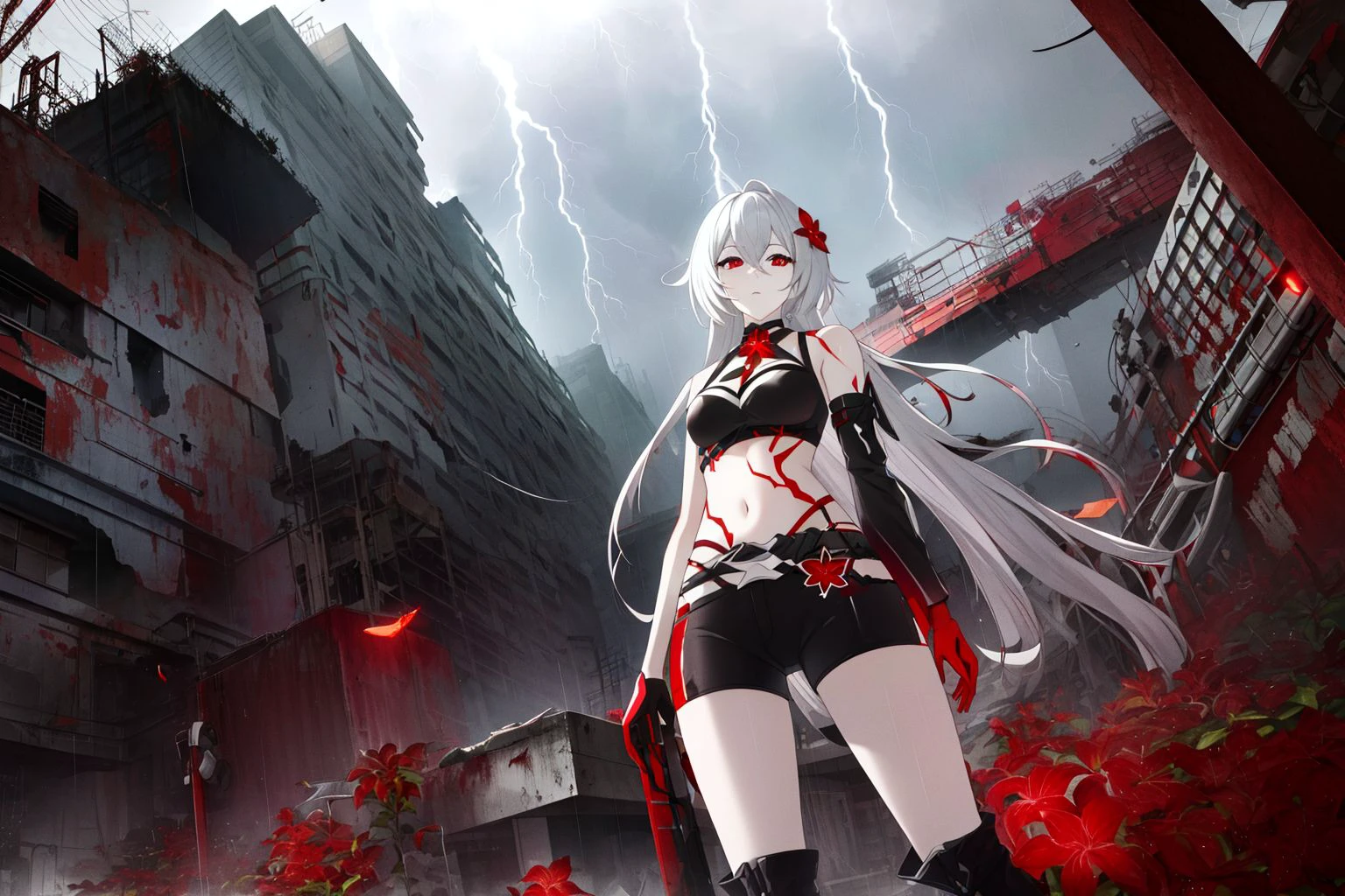 <lora:redacheron_SD:0.75> redacheron, from below, fisheye lens, 1girl, long hair, absurdly long hair,  white hair, red eyes, pale skin, medium breasts, cleavage, thighs, boots, black sleeveless shirt, black shorts, navel, midriff, red flower, honkai \(series\), 
in abandoned shipyard, post post-apocalypse, industrial, storm, rain, lightning, light shafts, bright horizon, concrete, rusted metal,