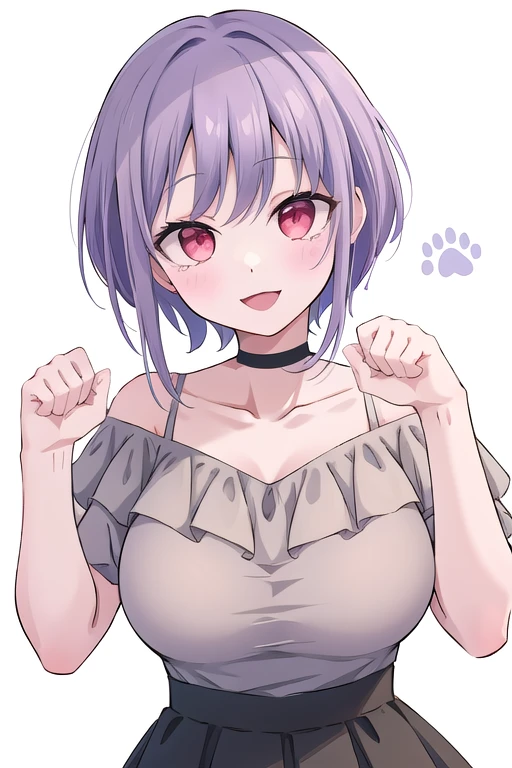 best quality, masterpiece, 1girl, short hair, purple hair, red eyes, large breasts, <lora:Nyamu_bangdream-03:0.8>, choker, off-shoulder shirt, skirt, smile, paw pose, white background, simple background,
