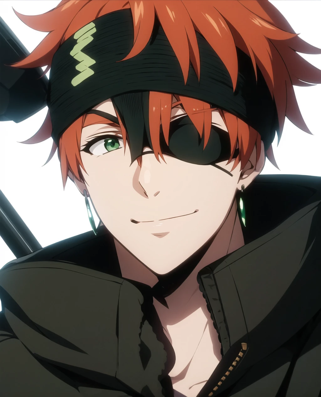 lavi_bookman,solo,looking at viewer,smile,green eyes,simple background,white background,jewelry,jacket,upper body,male focus,earrings,<lora:lavi_bookman-03:1>,