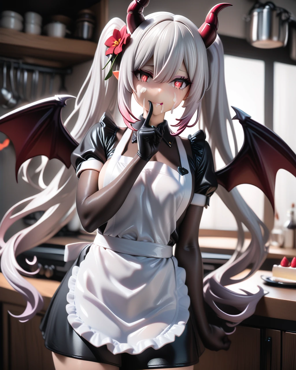 pvc, 1girl, cowboy shot, demon girl, white hair, twintails, red eyes, symbol-shaped pupils, black gloves, demon wings, demon horns,hair flower, nacked apron, kitchen, indoors, cum on face, cum trail, finger to mouth, cake, cream on body,, best quality, amazing quality, very aesthetic, absurdres
<lora:PVC_XL_ver2.0:1>