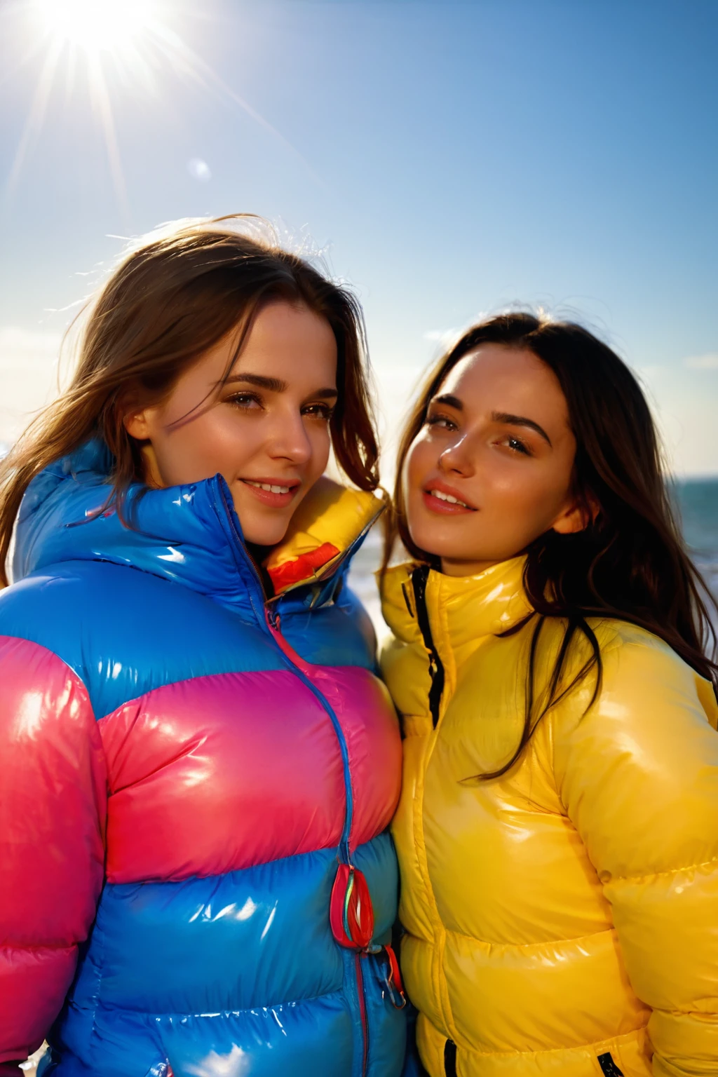 Stunning portrait of two sweet, cute, slim, long haired, young European woman on a beach. they are dressed in (shiny), colorful, completely enclosureable, (puffer down outfits:1.3) by parkasite, very high yoked. ((they are in love, cuddle and kiss)). all other people are summer dressed. emotional, tempting, dramatic, high detail, realistic, realistic character design, inspiring, intense emotion, masterpiece, 8k, RAW photo, portrait, best quality, ultra high res, photorealistic, cinematic lightning, digital painting, storytelling, high resolution, depth of field, lens flare, <lora:Parkasite_XL:0.7>