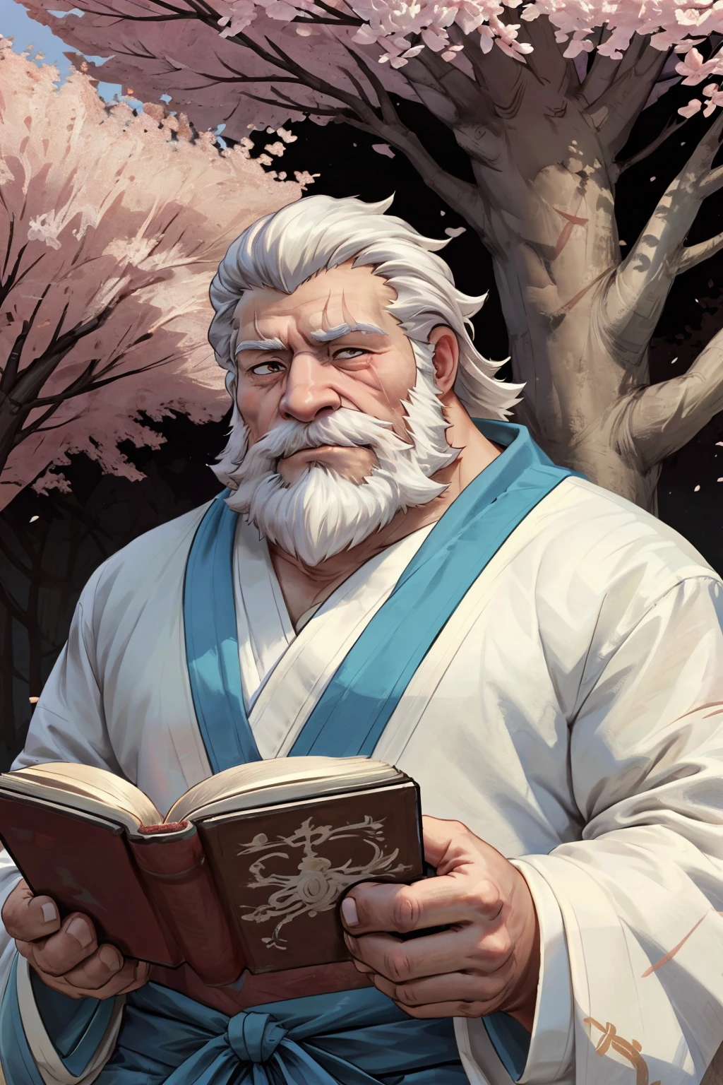An old man read a book under the cherry tree,(reinhardt),(upper body),white skin,human,male focus,mature male,(scar across eye:1.2),Best quality,masterpiece,by zelo lee,<lora:n13-reinhardt-000009:0.8>,Priest's robe,
