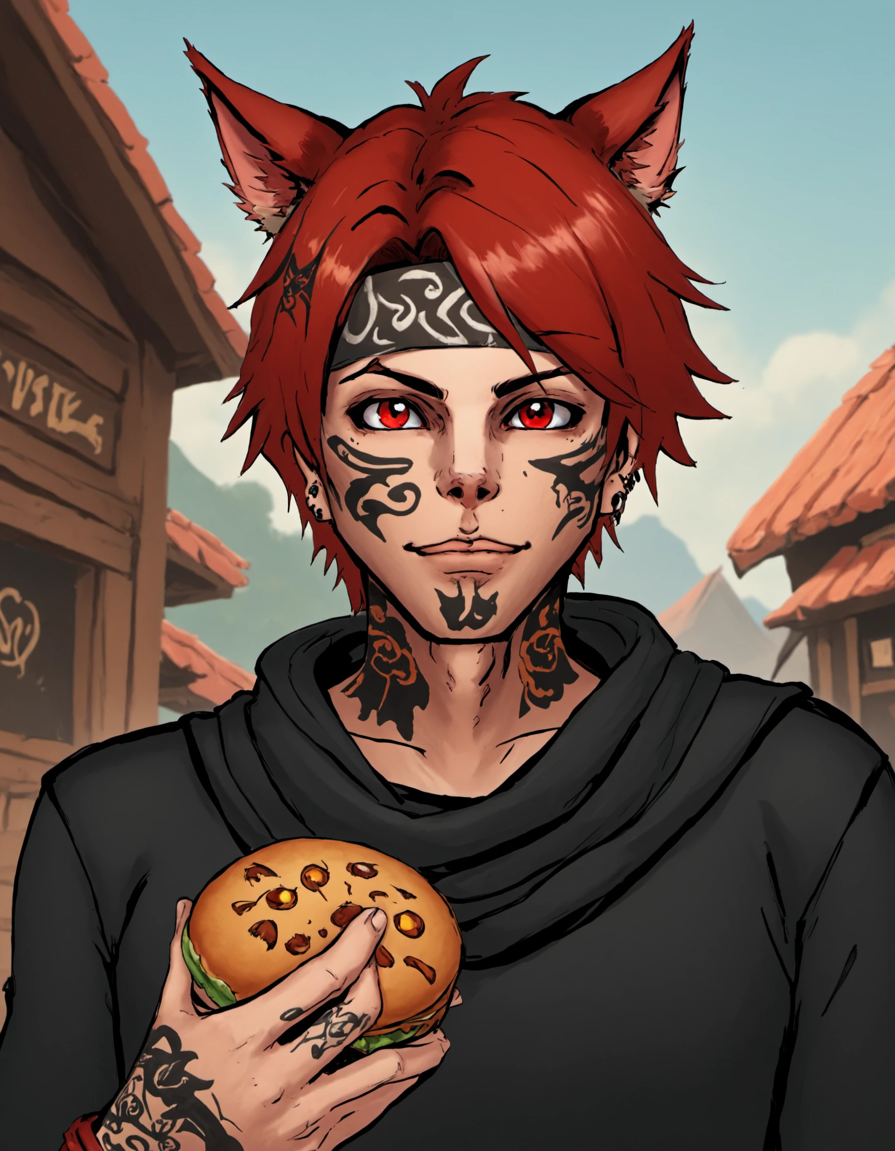 dskflatz , solo, looking at viewer, short hair, bangs, brown hair, hair ornament, red eyes, 1boy, holding, animal ears, upper body, male focus, red hair, outdoors, food, cat ears, scarf, hair over one eye, tattoo, facial mark, holding food, slit pupils, portrait, androgynous, headwear removed, hat removed, miqo'te, cat boy, neck tattoo, masterpiece, official art, best quality, cinematic angle, dreamlike, <lora:DskArt_SDXL_V3:1>