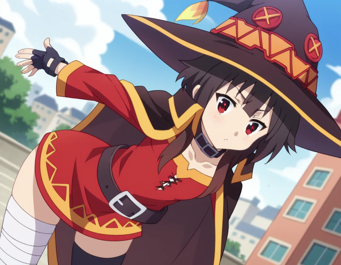 score_9, score_8_up, score_7_up, source_anime,
konosubamegumin, <lora:konosuba-megumin-s2-ponyxl-lora-nochekaiser:1>,
megumin, short hair, black hair, red eyes, short hair with long locks,
thighhighs, gloves, hat, dress, black gloves, belt, black thighhighs, fingerless gloves, cape, collar, witch hat, bandages, red dress, single thighhigh, asymmetrical legwear, bandaged leg,
outdoors, cityscape, bent over,
looking at viewer, dutch angle, cowboy shot,