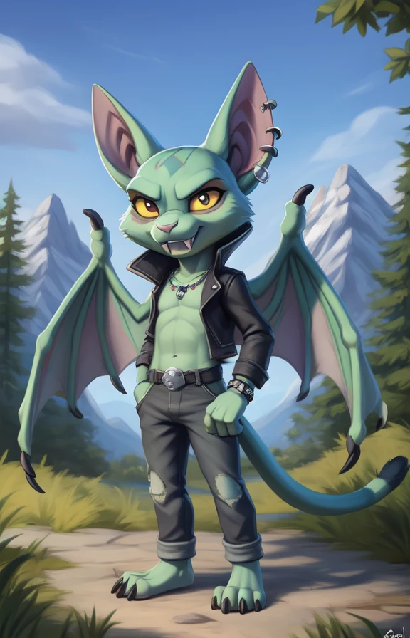 CatBatCrashTeamRumbleRoc  <lora:CatBatCrashTeamRumbleRoc:0.9>  jacket , yellow sclera, green skin, wings, white fangs,, pants, piercings, chibi,
textured fur, [Forest, path, trees, sky clouds, mountains,] solo,  looking at viewer, to his full height,  boy male,  wristband on the tail,
[by personalami], by smitty g, [[[by Foxovh]]], [[by Ross Tran]]