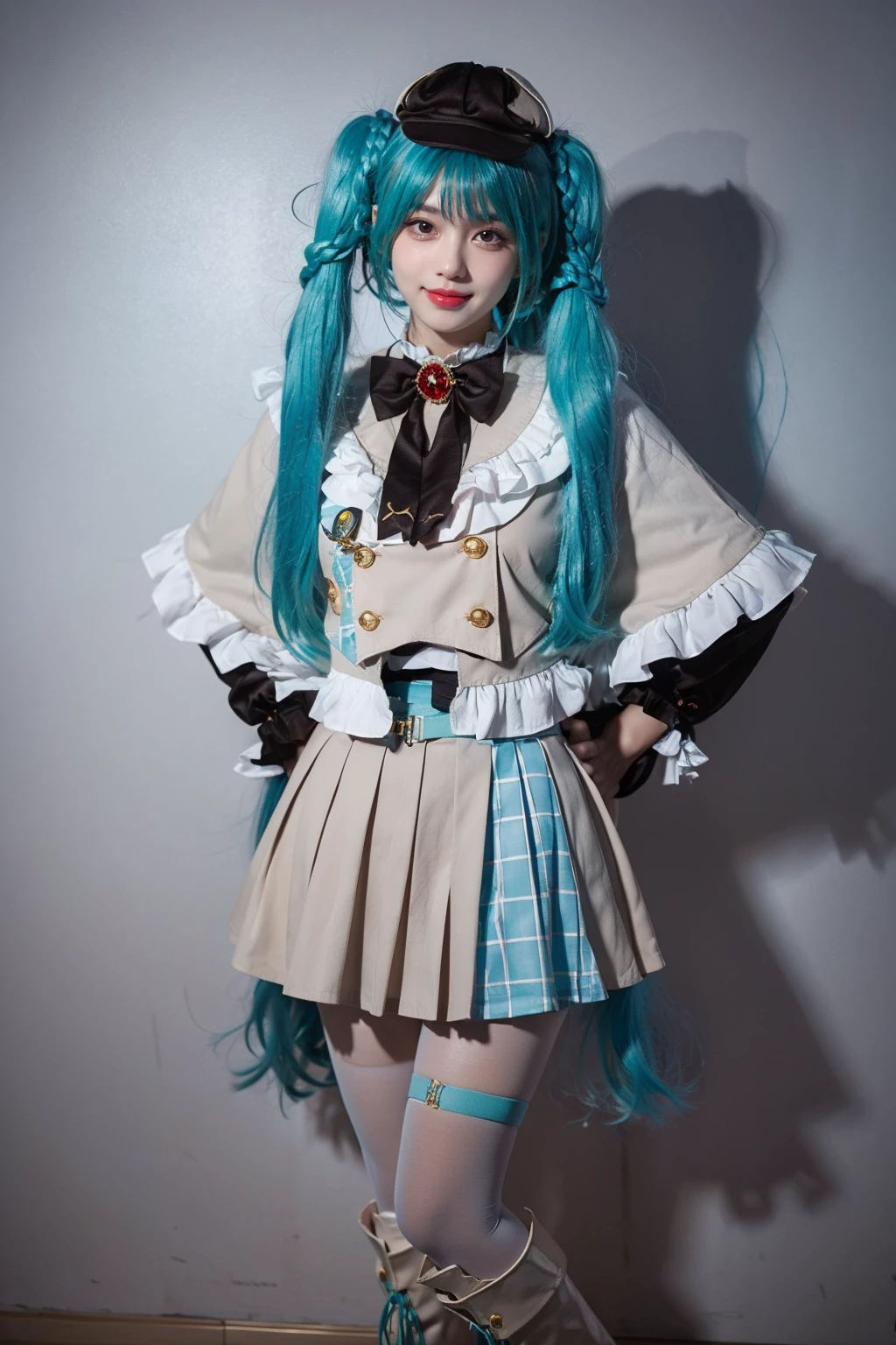 best quality, masterpiece, realistic, photorealistic, 1girl, solo, looking at viewer, smile, standing, full body, arms at side, hatsune miku cosplay costume, hatsune miku, cosplay, aqua hair, twintails, very long hair, braid, capelet, long sleeves, skirt, pleated skirt, plaid, frills, bowtie, bow, hat, jewelry, brooch, thigh strap, pantyhose, white pantyhose, white boots, grey background, <lora:miku_cosplay_detective_v1:0.7>