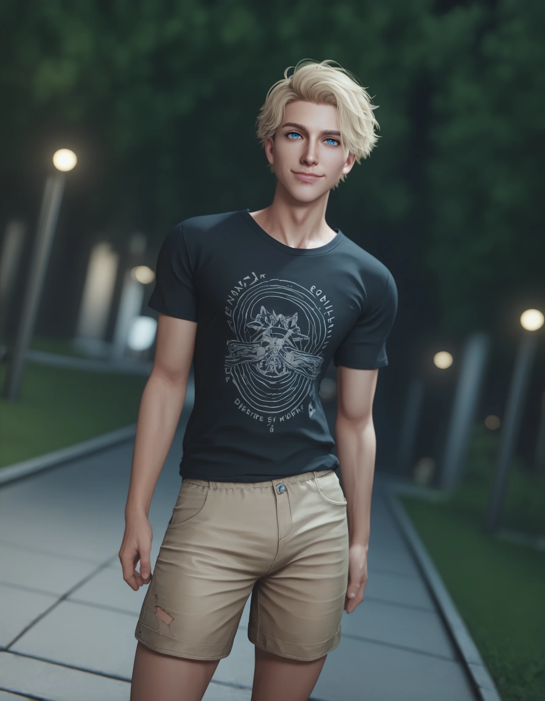 score_9, score_8_up, score_7_up, score_6_up, score_5_up, score_4_up, 1boy, male focus, solo, smile, blonde hair, fluffy hair, short hair, closed mouth, blue eyes, torn clothes, khaki t-shirt, khaki shorts, depth of field, outdoors, cinematic angle, shirt, looking at viewer, zoo scene, cinematic lighting, neon rim lighting, 3d, octane render, side lighting, rembrandt lighting, cinematic angle, <lora:VirtualDiffusionPonyXL:0.8>