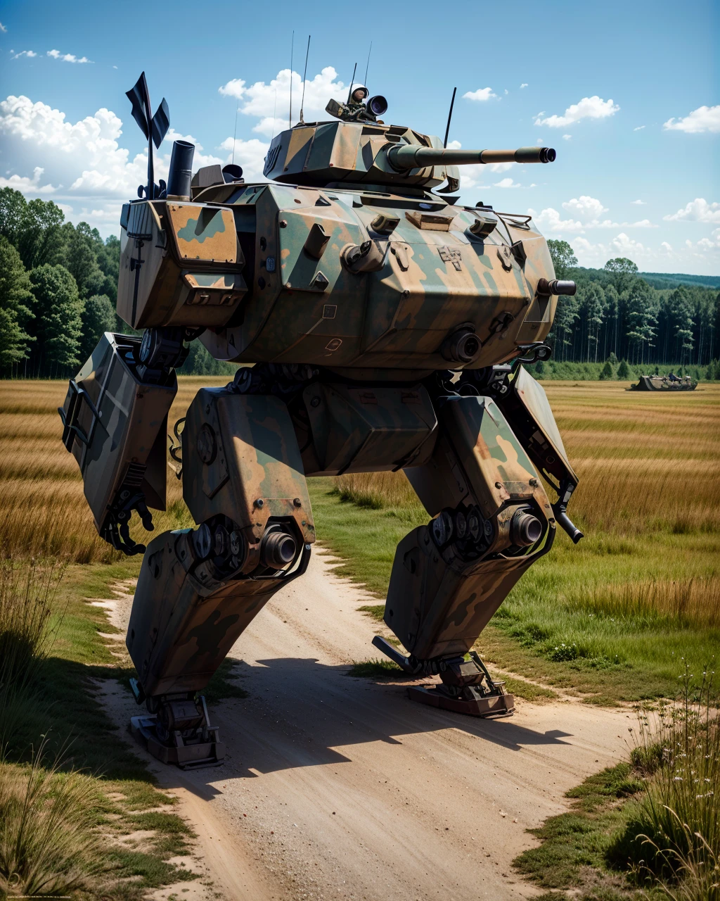 best quality,masterpiece,highly detailed,ultra-detailed, 
 world war one,german army,  day,forest, blue sky road,realistic, real real world location, franch country side
<lora:neg4all_bdsqlsz_V3.5:-1>     <lora:tankhead:1> tankhead,  mecha, military vehicle, no humans,robot, science fiction, cannon ,steampunk
   <lora:taskforce_v02:0.25> camouflage,