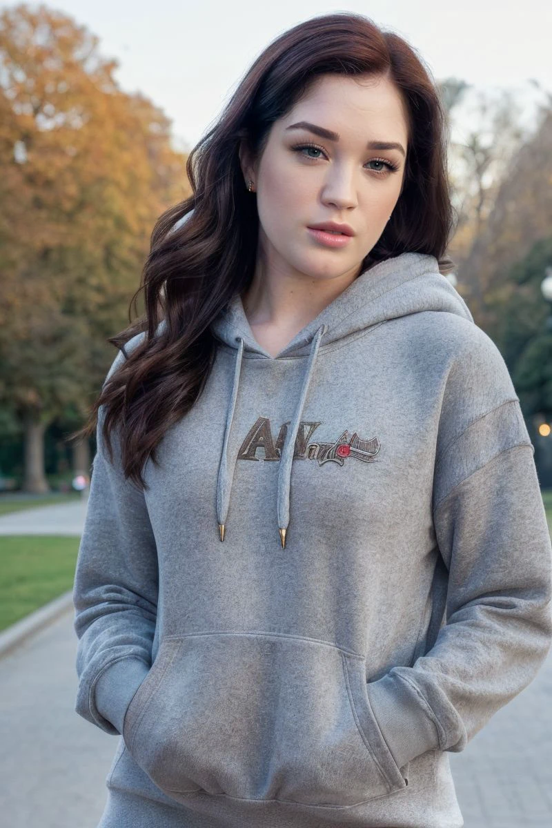 portrait of S370_EvelynClaire,a gorgeous woman,in a (park:1.1),wearing a (hoodie:1.1),(4k, RAW photo, best quality, 35mm, depth of field, ultra high res:1.1),(intricate, photorealistic, cinematic-shot, masterpiece, ultra-detailed:1.1),