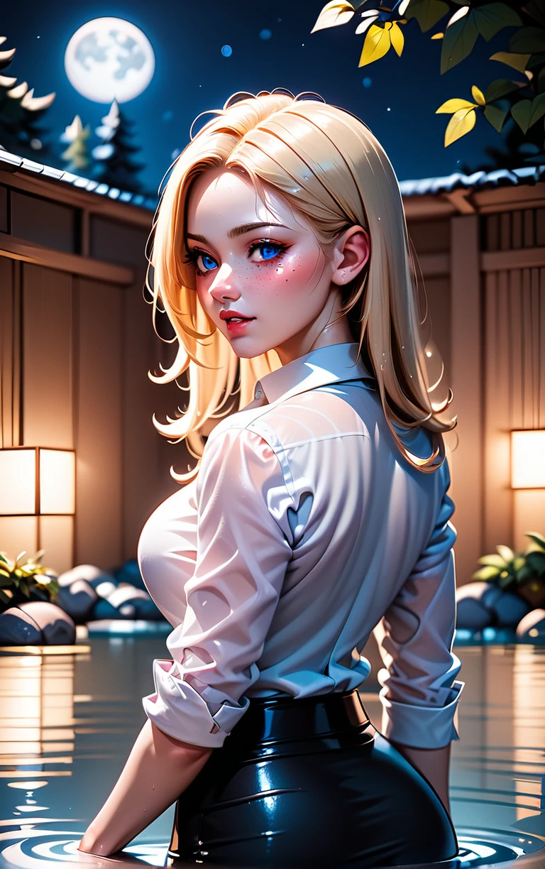 score_9, score_8_up, score_7_up, score_6_up, BREAK
RealCartoon3D_STYLE_ownwaifu, 1girl, blonde hair, black skirt, white shirt, collared shirt, sleeves rolled up, long hair, pencil skirt, freckles, parted lips, blue eyes, breasts,  dress shirt, office lady, 
(wading, looking back), onsen, full moon, outdoors,<lora:PONYXL_RealCartoon3D_STYLE_ownwaifu:0.75>,
 depth of field, light particles,