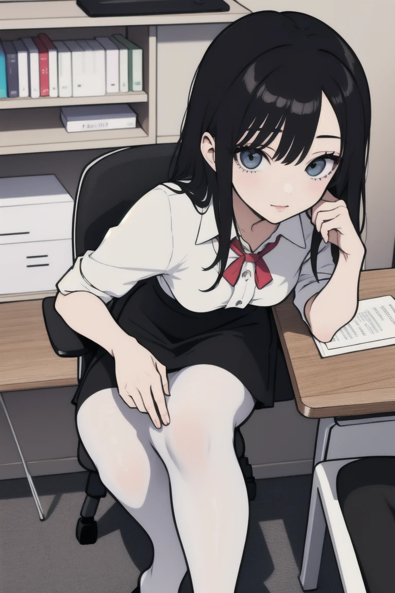 (masterpiece, best quality),a young black haired girl office secretary dressed in a transparent white blouse and black office skirt and black pantyhose,sitting in an office chair,holding pencil,(detailed skin:1.3),(detailed eyes),(sharp focus),