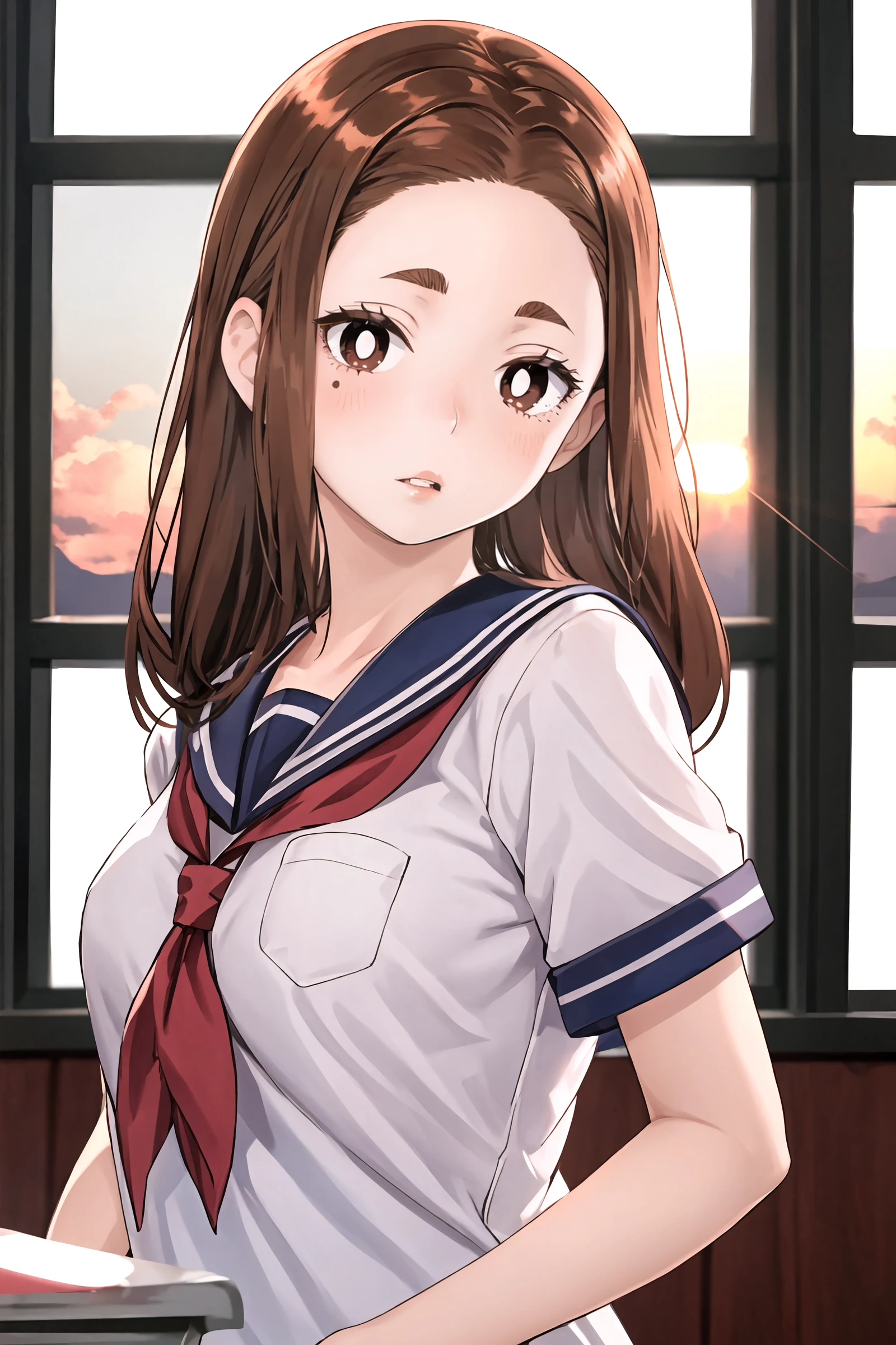 1girl, ogawa sumireko, solo, white pupils, long hair, asymmetrical bangs, aged down, medium breasts, serafuku, hand in own hair, looking at viewer, parted lips, classroom, backlighting, sunset, window, cowboy shot, floating hair