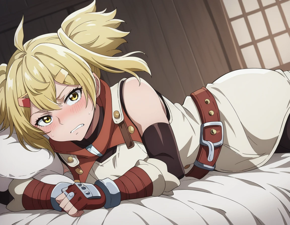 score_9, score_8_up, score_7_up, source_anime,
oikatzo, <lora:oikatzo-s1-ponyxl-lora-nochekaiser:1>,
oikatzo, blonde hair, hair ornament, twintails, yellow eyes, hairclip, short twintails,
gloves, belt, fingerless gloves, red gloves,
indoors, bed, bed room, on side, blush, drunk,
looking at viewer, dutch angle, cowboy shot,