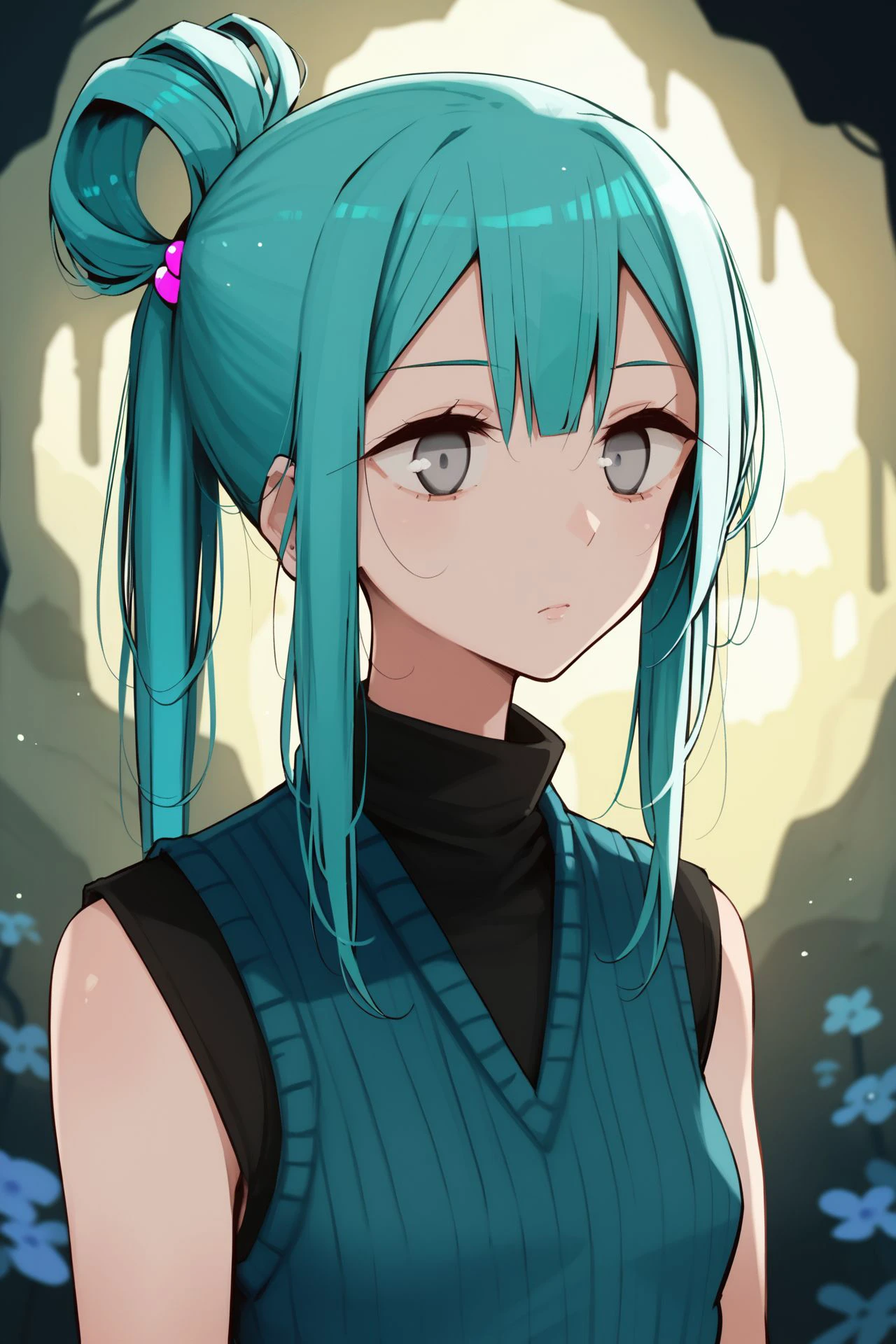 score_9, score_8_up, score_7_up, 1girl, pale skin, :>, aqua hair, long_fringe, beehive hairdo, silver eyes, small breasts, dark green sweater vest, sunbeam, outdoors, <lora:oouso_PonyXL_style_v01.06:1>