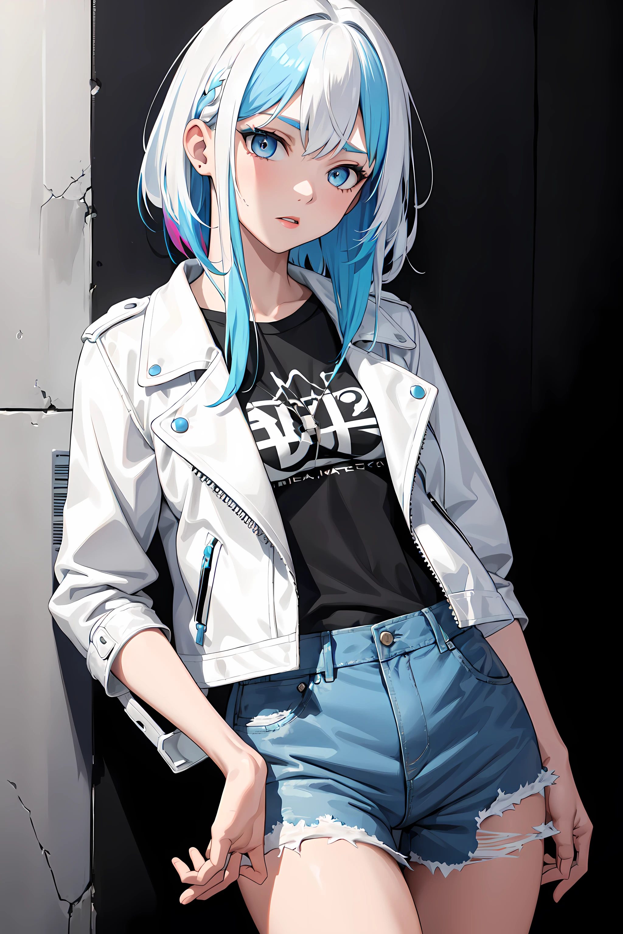 masterpiece, best quality, 1girl, solo, white hair, blue hair, multicolored hair, two-tone hair, white leather jacket, black t-shirt, blue jeans