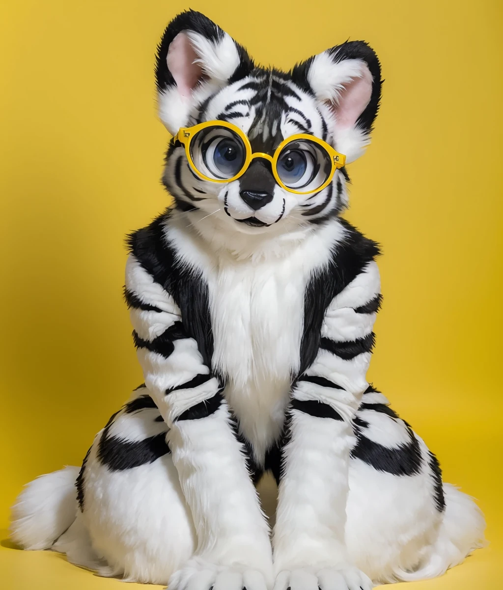 furry,white tiger,big eyes,(round eyewear),fur collar,paw gloves,fluffy,curvy,chuchumy,solo,no humans,looking at viewer,cuteg,fursuit,Fursona,yellow background,<lora:Clothes_Fursona_v1:0.6>,