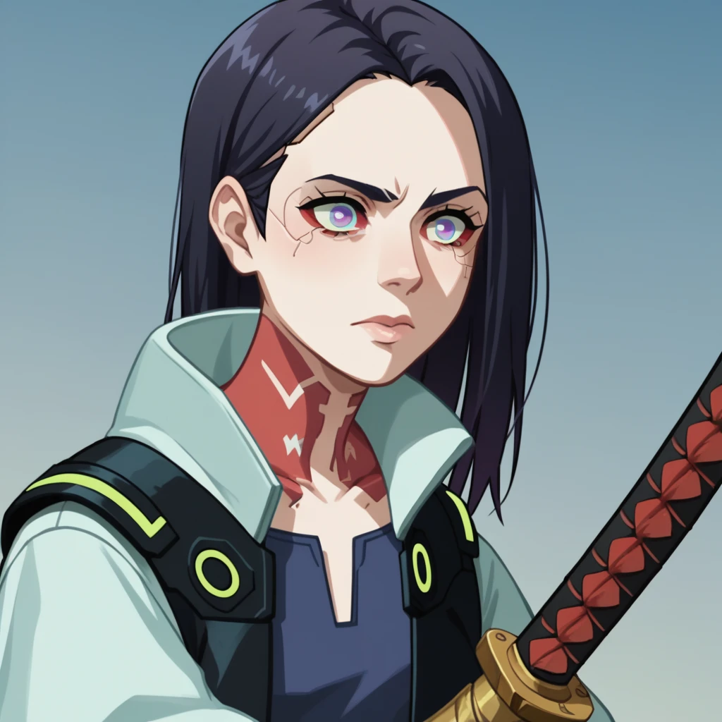 score_9, score_8_up, score_7_up, score_6_up,source_anime,anime 2d, anime screencap, a cyberpunk edgerunners woman with a futuristic katana, with black hair and purple eyes, licollins, <lora:licollins_ponyxl_autism_xl_1_standard_licollins-000098:1.1>