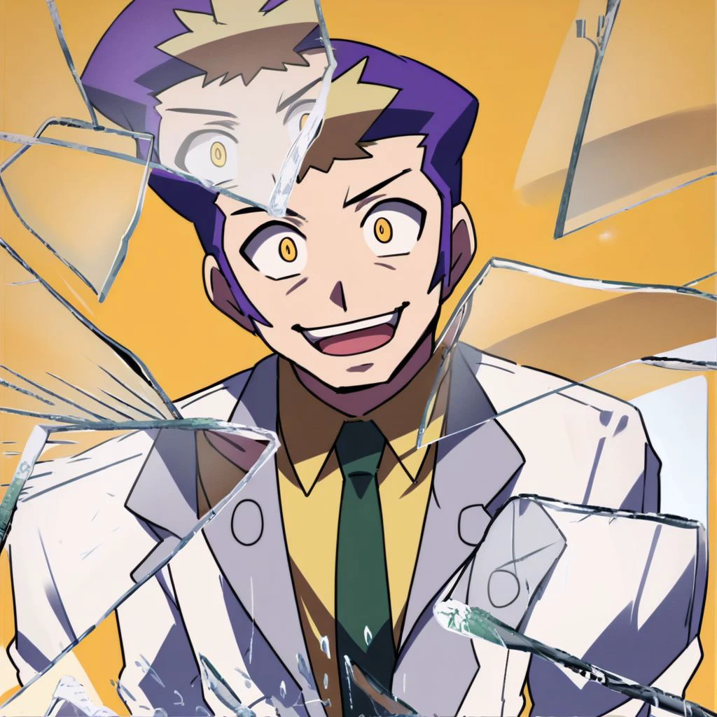 score_9,score_8_up,score_7_up,score_6_up,score_5_up,score_4_up,  solo, 1boy, male focus, solo, two-toned hair, purple hair, blonde hair, short hair, yellow eyes, white jacket, necktie, collared shirt, yellow shirt, cowboy shot, white pants, wide-eyed,  looking up, from above, looming at viewer, smile, open mouth, IncrsXLBrknGls