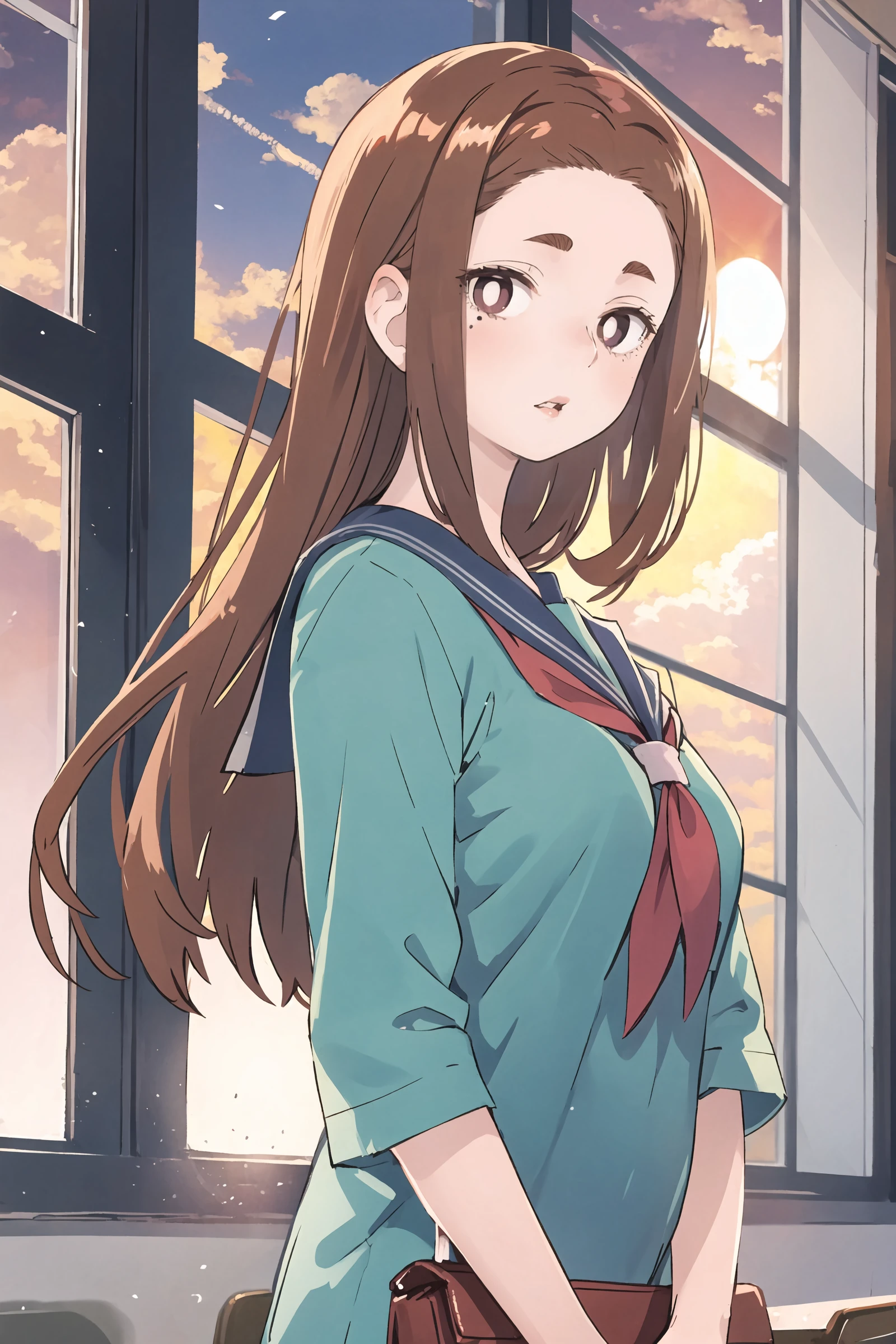 1girl, ogawa sumireko, solo, white pupils, long hair, asymmetrical bangs, aged down, medium breasts, serafuku, hand in own hair, looking at viewer, parted lips, classroom, backlighting, sunset, window, cowboy shot, floating hair