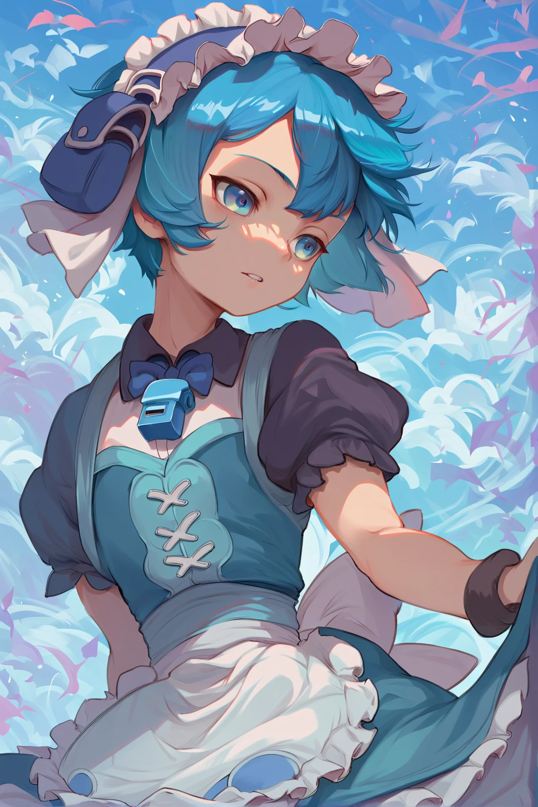 1boy, Maruruk, short hair, blue hair, short sleeves, shirt, pouch hat, otoko no ko, whistle, maid headdress, solo, detailed background <lora:Marulk _Made in Abyss-000009:0.8>  <lora:cutesexyronutts_style_xl:0.65> csr style, zPDXL, score_9, score_8_up, score_7_up,