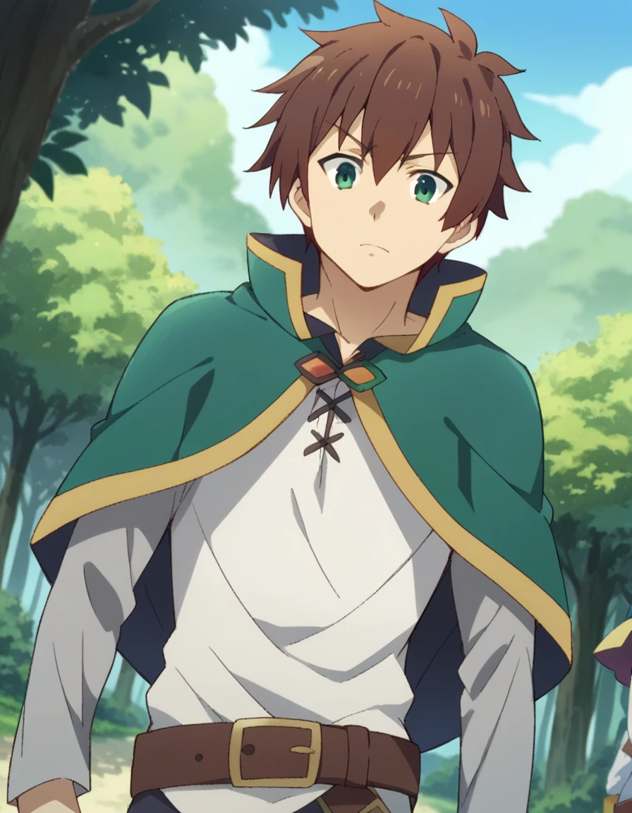 score_9, score_8_up, score_7_up, source_anime,
kazumasatou, <lora:kazuma-satou-s2-ponyxl-lora-nochekaiser:1>,
kazuma satou, short hair, brown hair, green eyes, male focus,
shirt, long sleeves, white shirt, belt, pants, capelet, brown belt,
outdoors, nature,
looking at viewer, dutch angle, cowboy shot,