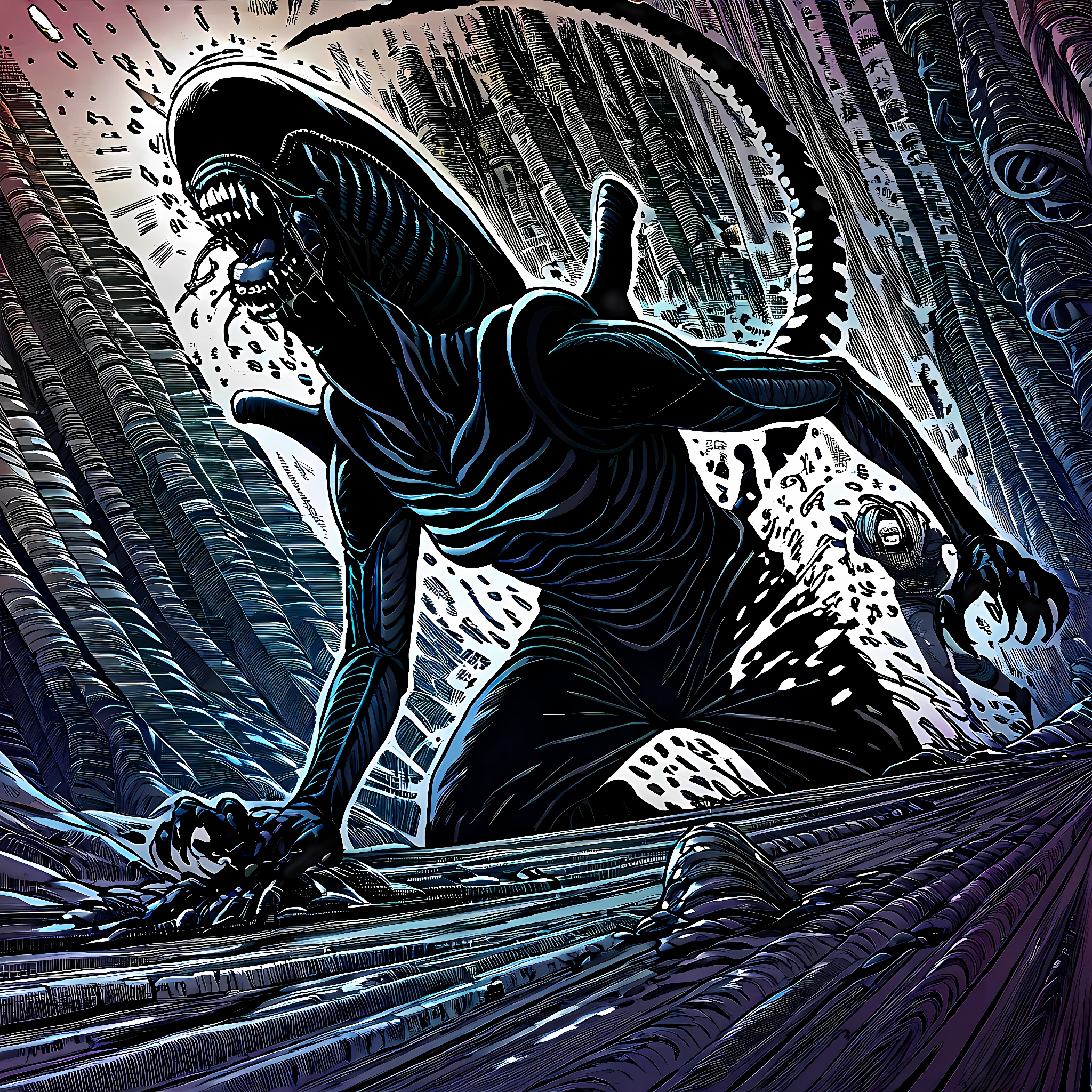 score_9, score_8_up, score_7_up, score_6_up, score_5_up, score_4_up, source_cartoon, BREAK, a xenomorph leaping in a starship corridor, damage, dark, emergency light, dim, horror themed, science fiction, motion blur, jumpscare,