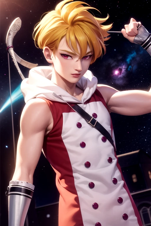 (best quality:1.1), (masterpiece:1.4), game cg, looking at viewer, upper body, , anime coloring, , 1boy, solo, male focus, <lora:lancelot_nnt_mny:0.92>, lancelot_nnt_mny, blonde hair, pink eyes, , ninja costume, space opera,